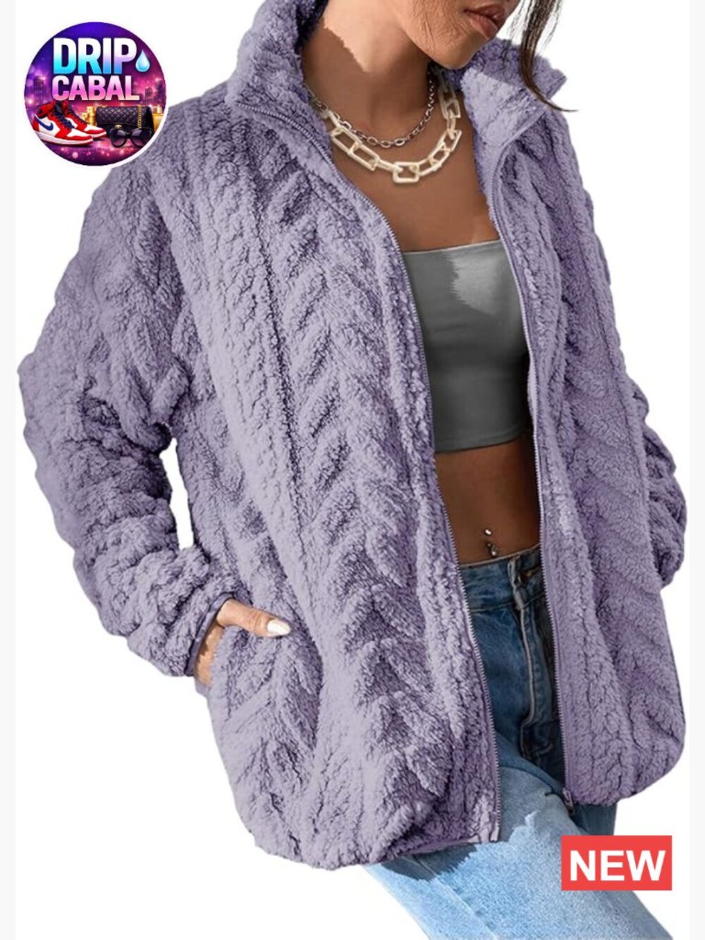 Winter Fleece Jacket Zip Up Stand Collar Pockets Fleece Coat